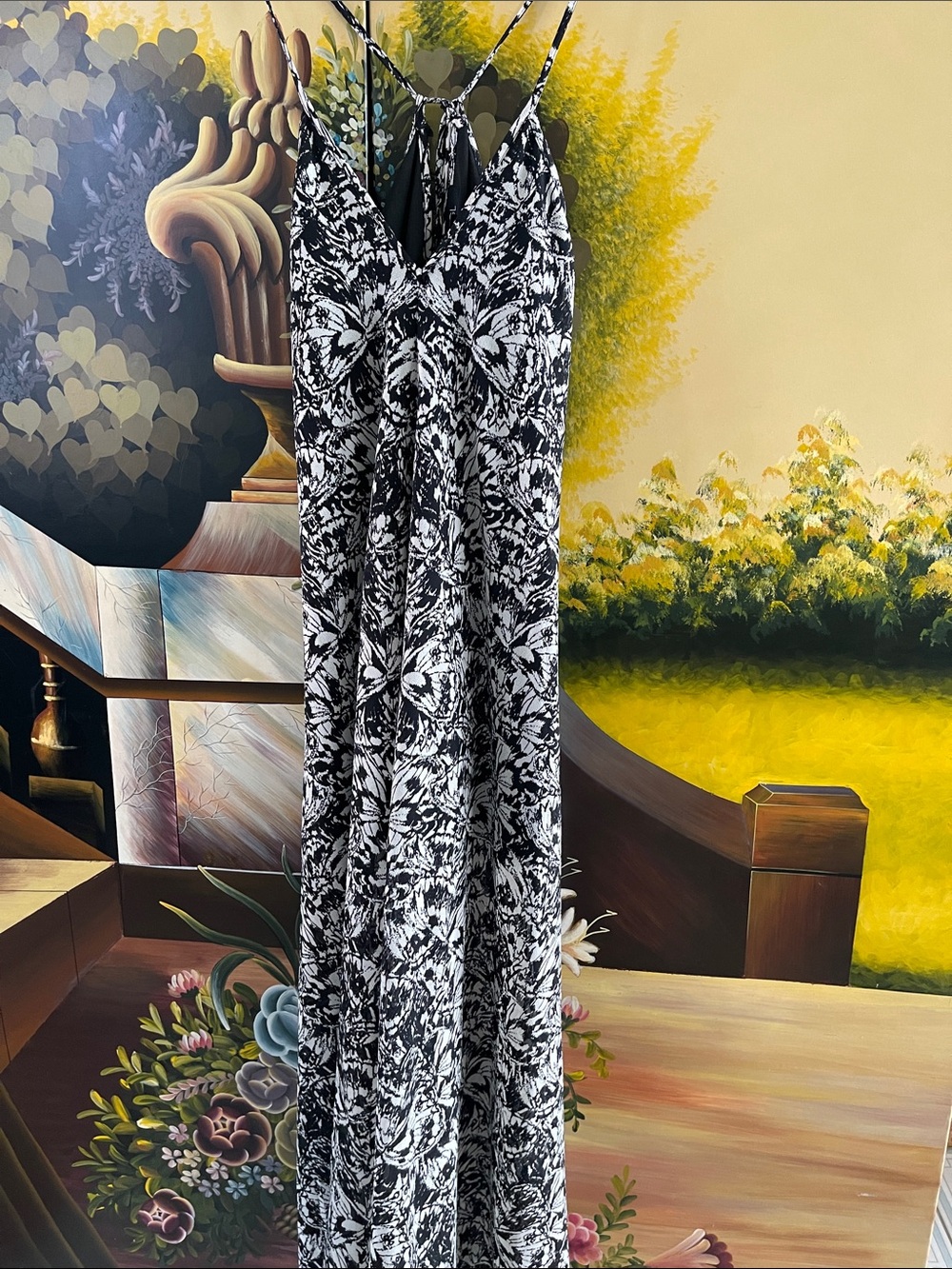 ANGL Black & White Floral Maxi Dress with Spaghetti Straps
